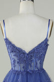 Cute A Line Spaghetti Straps Dark Blue Sparkly Corset Homecoming Dress with Sequins