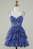 Cute A Line Spaghetti Straps Dark Blue Sparkly Corset Homecoming Dress with Sequins