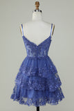 Cute A Line Spaghetti Straps Dark Blue Sparkly Corset Homecoming Dress with Sequins