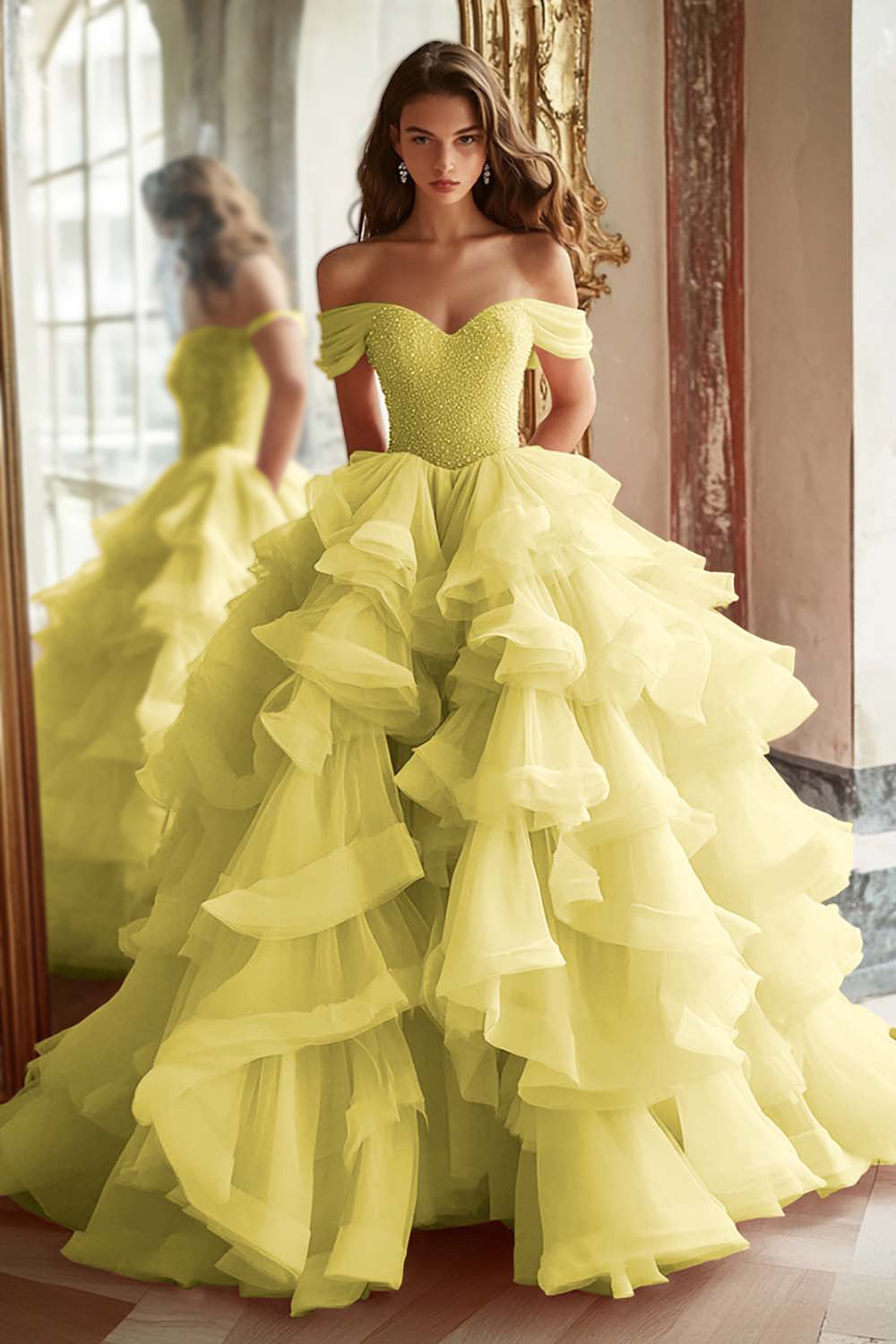 Black Princess Off The Shoulder Tiered Ruffled Long Prom Dress