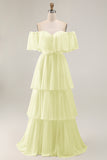 White Ruffled Off the Shoulder Chiffon A Line Wedding Dress