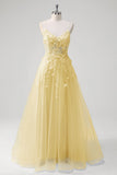 Blue A Line Spaghetti Straps Appliqued Corset Long Prom Dress With Tulle