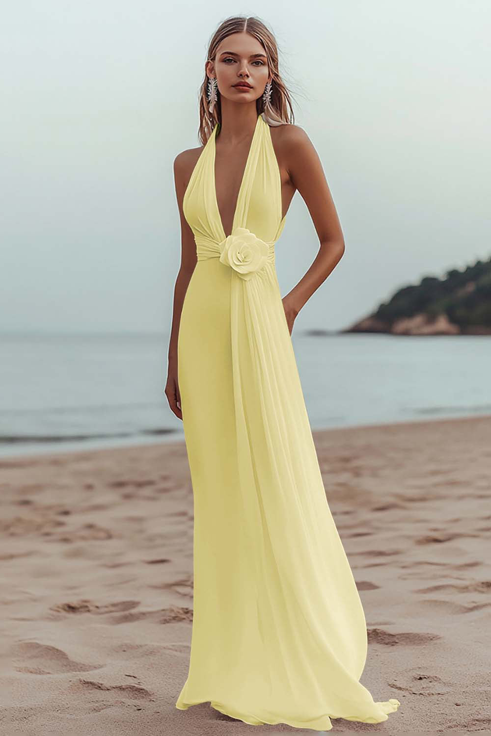 White Sheath Halter Ruched Long Formal Dress with Flower