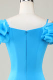 Bodycon Off the Shoulder Blue Short Homecoming Dress with Ruffles