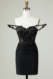 Sheath Spaghetti Straps Black Short Homecoming Dress with Appiques