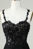 Sheath Spaghetti Straps Black Short Homecoming Dress with Appiques