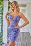 Sheath Spaghetti Straps Blue Corset Homecoming Dress with Appliques