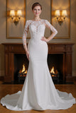 White Mermaid Long Sleeves Sweep Train Wedding Dress with Lace