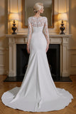White Mermaid Long Sleeves Sweep Train Wedding Dress with Lace