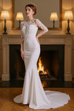 White Mermaid Long Sleeves Sweep Train Wedding Dress with Lace