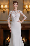 White Mermaid Long Sleeves Sweep Train Wedding Dress with Lace
