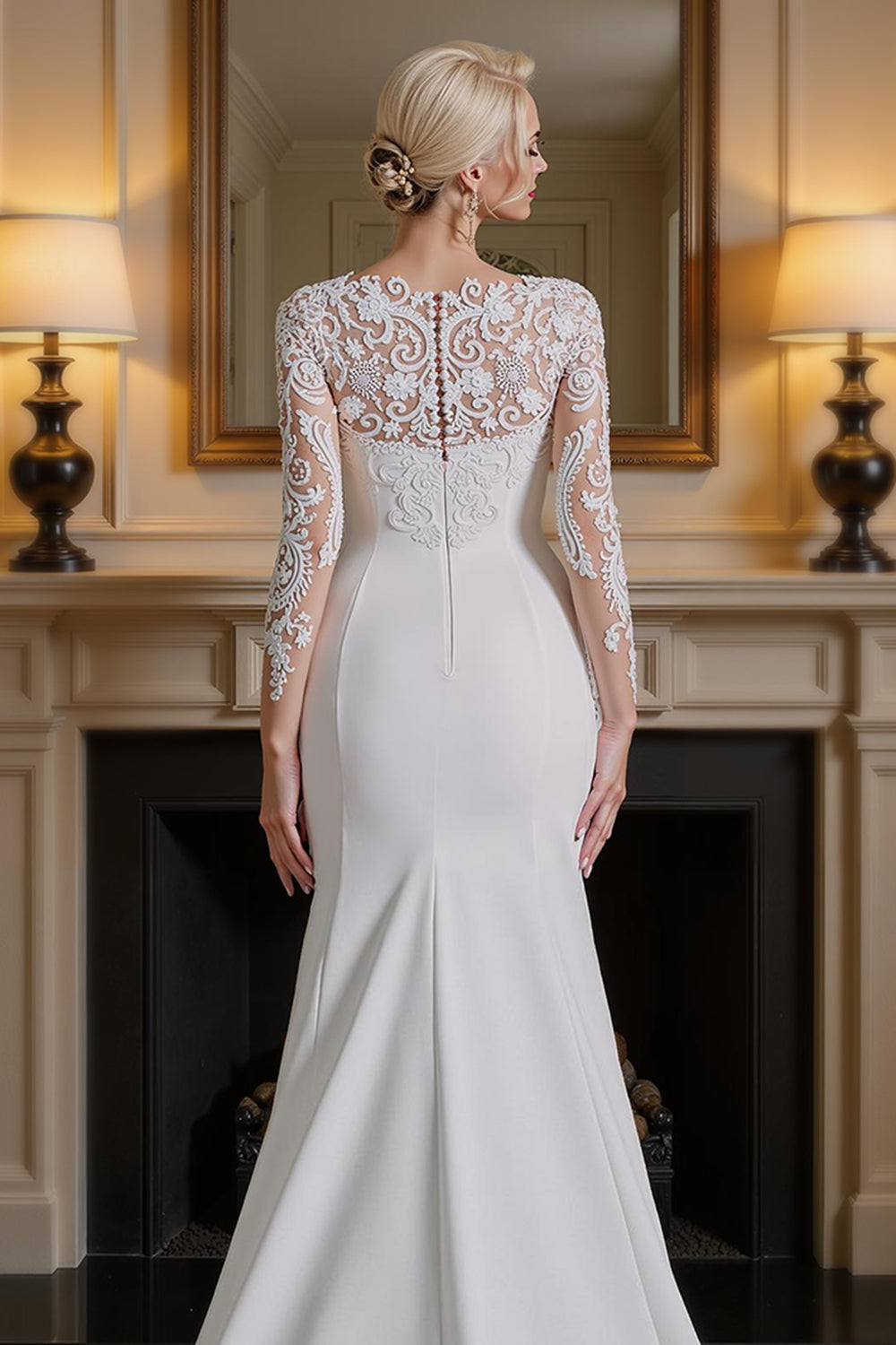 White Mermaid Long Sleeves Sweep Train Wedding Dress with Lace