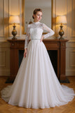 White A-Line High Neck Long Sleeves Wedding Dress with Lace