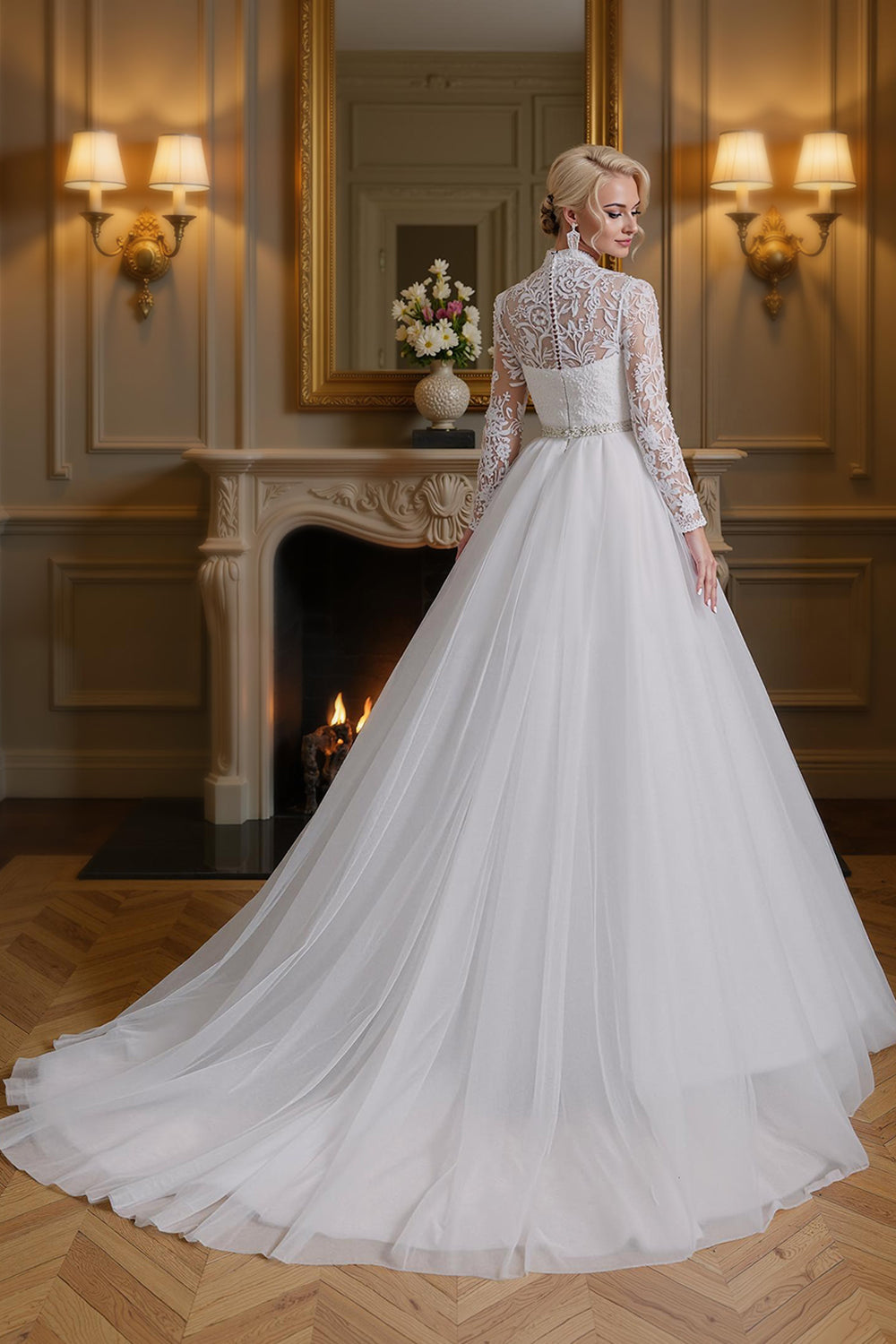 White A-Line High Neck Long Sleeves Wedding Dress with Lace