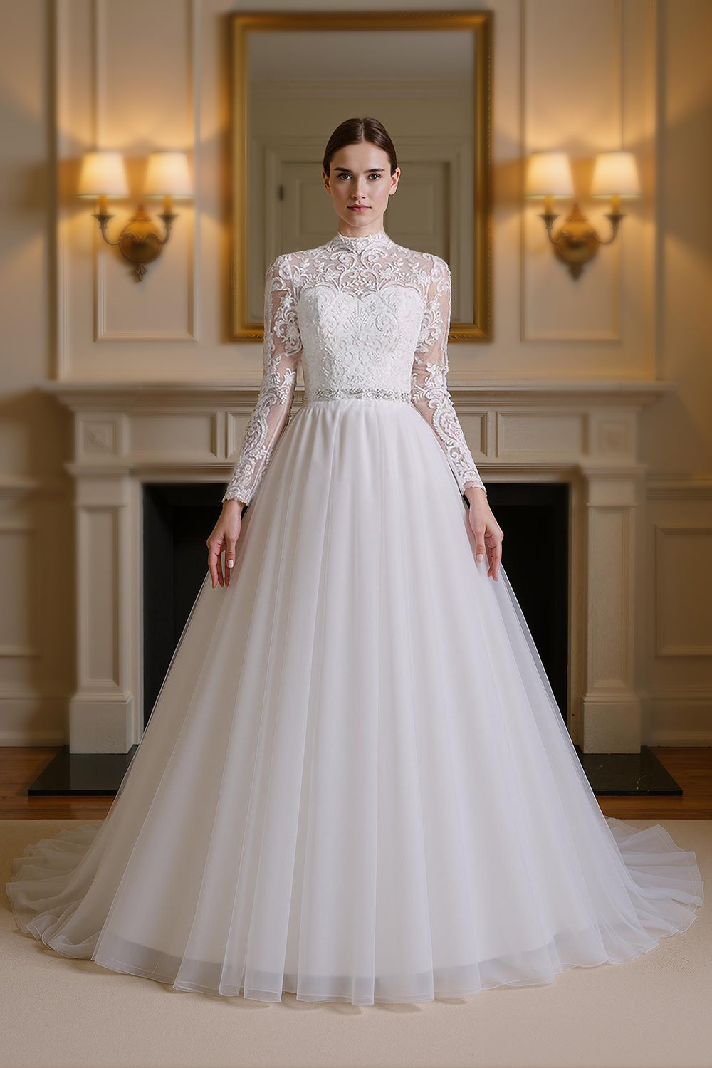 White A-Line High Neck Long Sleeves Wedding Dress with Lace
