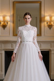 White A-Line High Neck Long Sleeves Wedding Dress with Lace