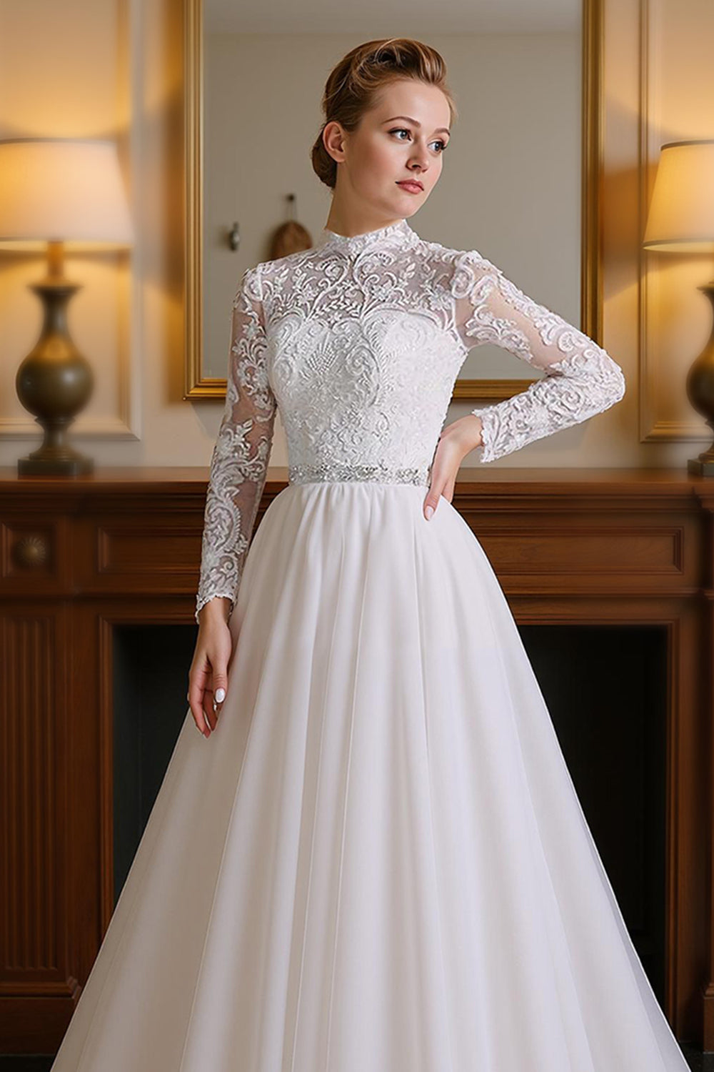 White A-Line High Neck Long Sleeves Wedding Dress with Lace