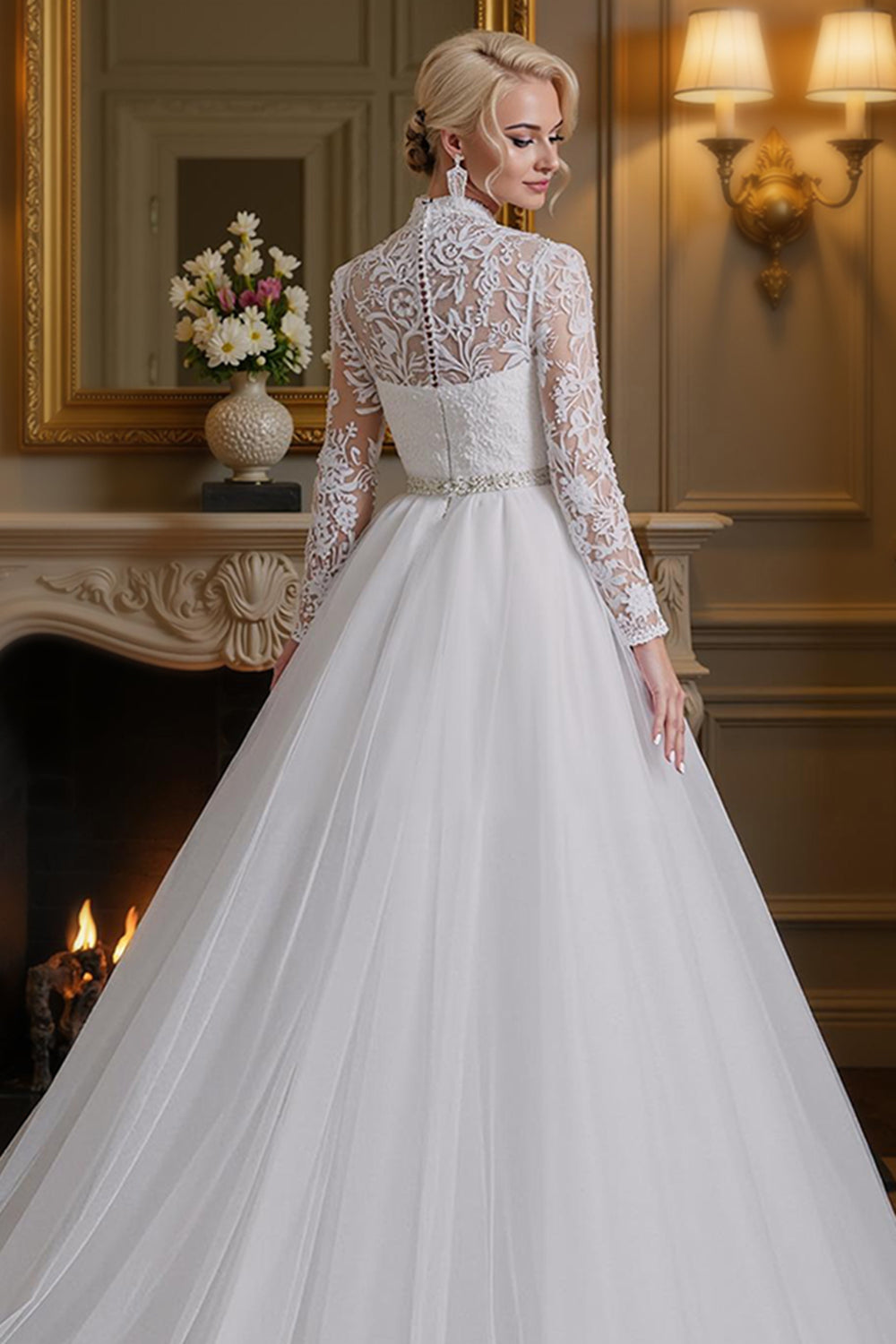 White A-Line High Neck Long Sleeves Wedding Dress with Lace