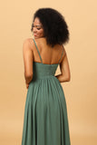 A Line Spaghetti Straps Sage Long Bridesmaid Dress with Split Front