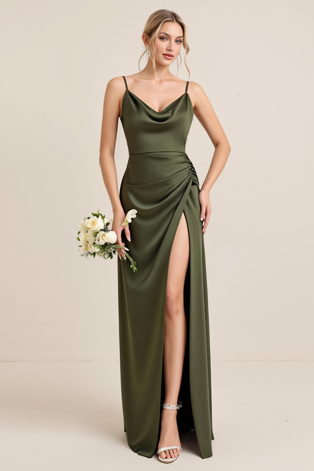 Olive Sheath Satin Maxi Bridesmaid Dress with Slit