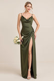 Olive Sheath Satin Maxi Bridesmaid Dress with Slit