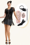 Black Beading Fringes Flapper Dress with 1920s Accessories Set