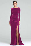 Burgundy Sheath Velvet Boat Neck Holiday Party Dress With Long Sleeves