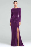 Burgundy Sheath Velvet Boat Neck Holiday Party Dress With Long Sleeves
