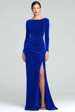 Burgundy Sheath Velvet Boat Neck Holiday Party Dress With Long Sleeves