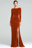 Burgundy Sheath Velvet Boat Neck Holiday Party Dress With Long Sleeves