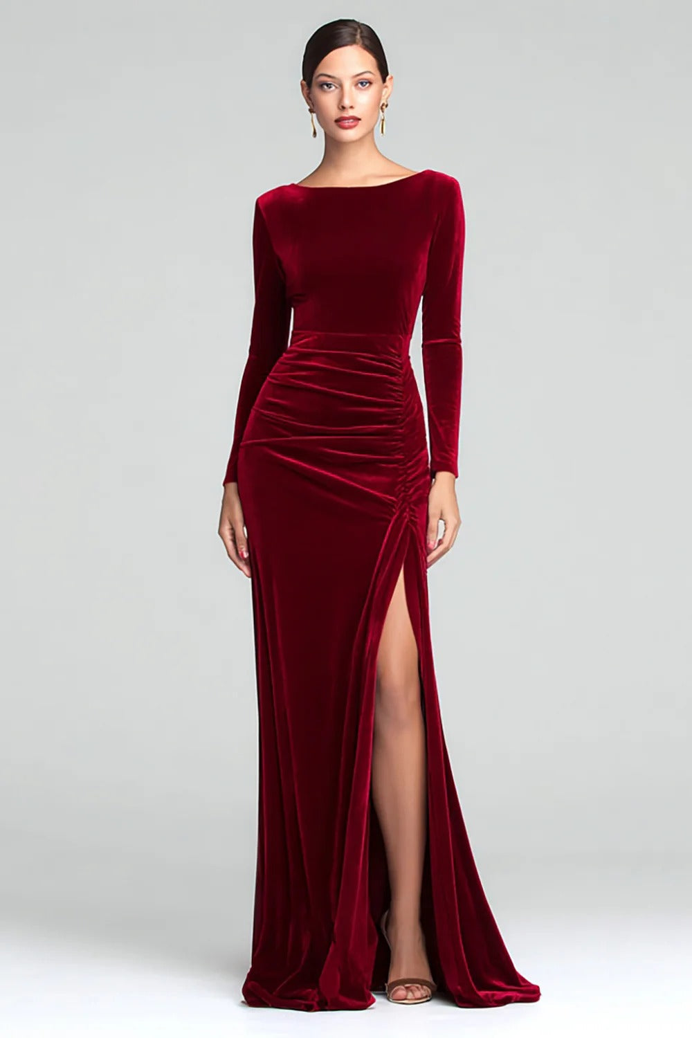 Burgundy Sheath Velvet Boat Neck Holiday Party Dress With Long Sleeves