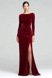 Burgundy Sheath Velvet Boat Neck Holiday Party Dress With Long Sleeves
