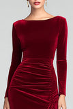 Burgundy Sheath Velvet Boat Neck Holiday Party Dress With Long Sleeves