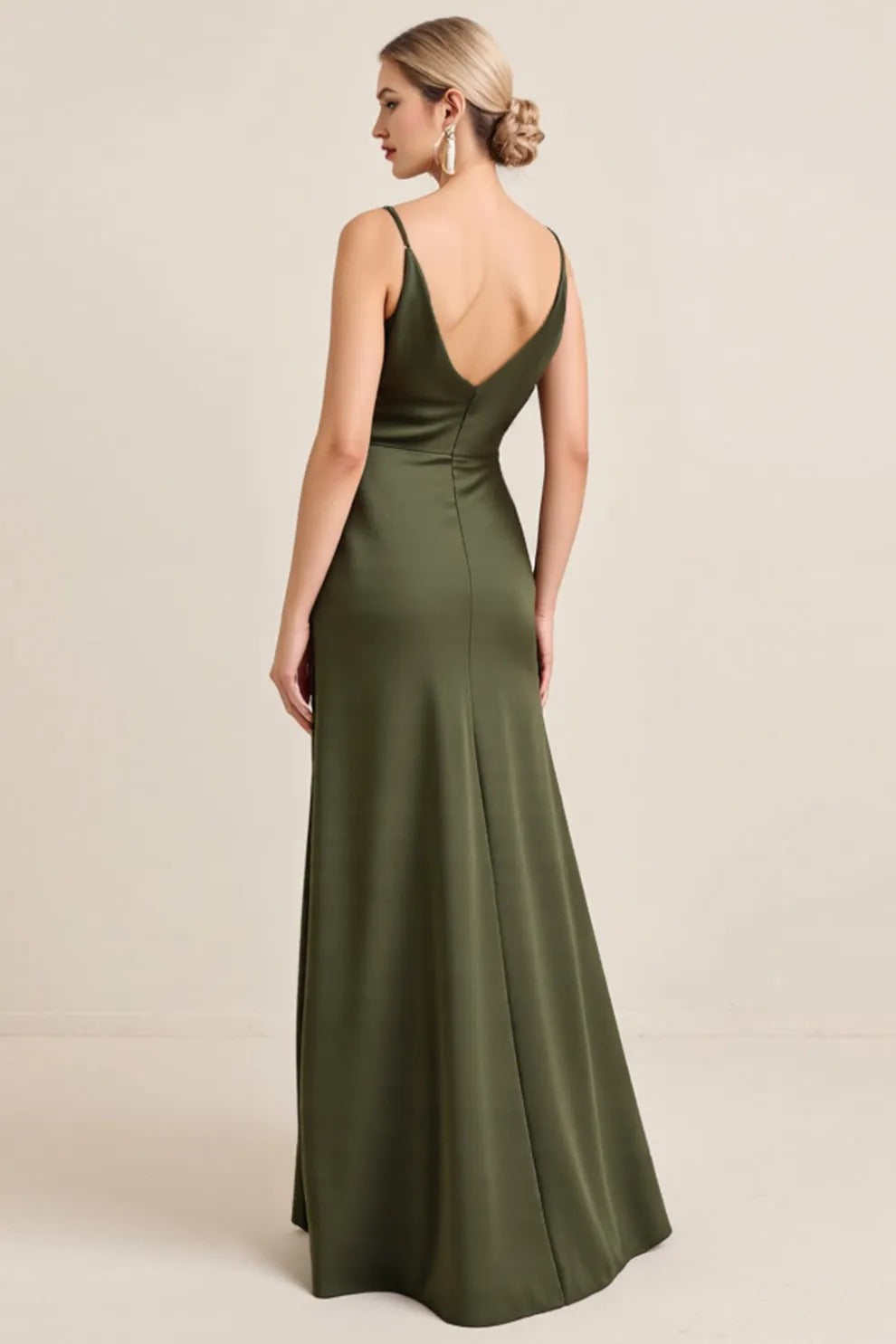 Olive Sheath Satin Maxi Bridesmaid Dress with Slit