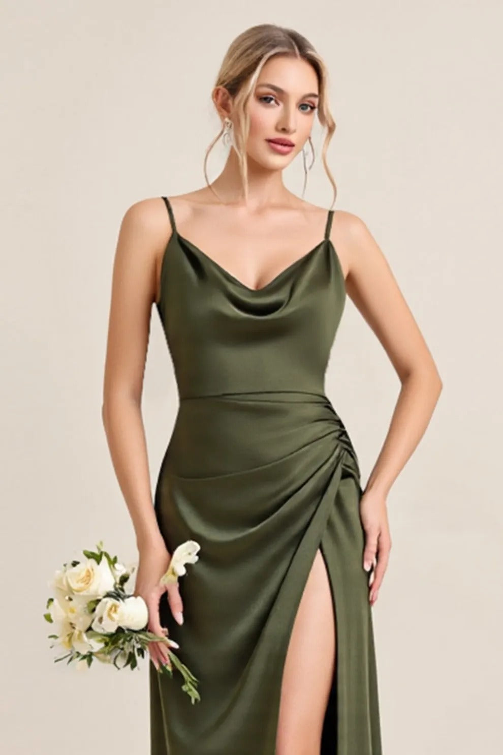 Olive Sheath Satin Maxi Bridesmaid Dress with Slit