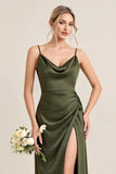 Olive Sheath Satin Maxi Bridesmaid Dress with Slit