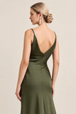 Olive Sheath Satin Maxi Bridesmaid Dress with Slit