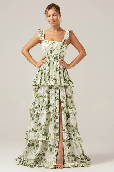 ZAPAKA Women Ruffles Tiered Prom Dress with Slit Green Floral A Line Long Formal Dress, Green / US2
