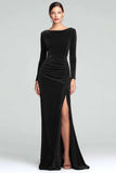 Burgundy Sheath Velvet Boat Neck Holiday Party Dress With Long Sleeves