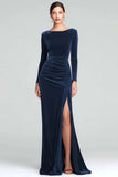 Burgundy Sheath Velvet Boat Neck Holiday Party Dress With Long Sleeves