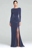 Burgundy Sheath Velvet Boat Neck Holiday Party Dress With Long Sleeves
