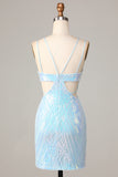 So Stunning Bodycon Spaghetti Straps Blue Sequins Short Homecoming Dress