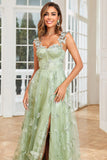 A Line Green Corset Long Tulle Prom Dress with 3D Butterflies Split Front