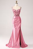 Pink Mermaid Spaghetti Straps Sequin Corset Prom Dress with Slit