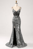 Black Sparkly Mermaid Spaghetti Straps Corset Evening Dress with Slit