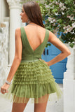 A Line Deep V Neck Green Short Homecoming Dress with Ruffles