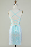 Bling Sheath Spaghetti Straps Light Blue Sequins Short Homecoming Dress with Criss Cross Back