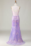 Sparkly Mermaid Spaghetti Straps Purple Corset Prom Dress with Slit