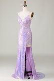 Sparkly Mermaid Spaghetti Straps Purple Corset Prom Dress with Slit