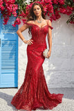 Mermaid Off the Shoulder Burgundy Corset Prom Dress with Bronzing